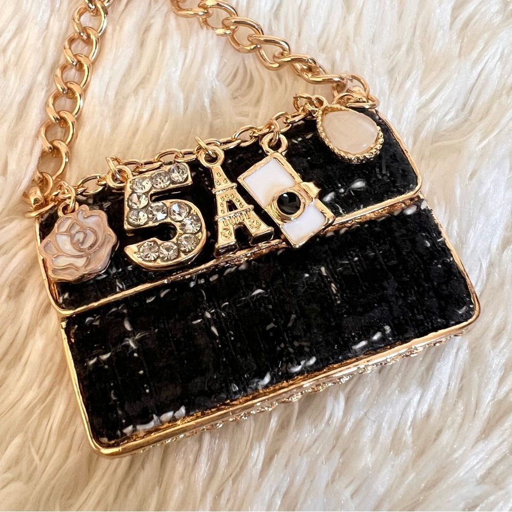 Elegant Black and Gold Plaid Bag Keychain Bag Charm NEW